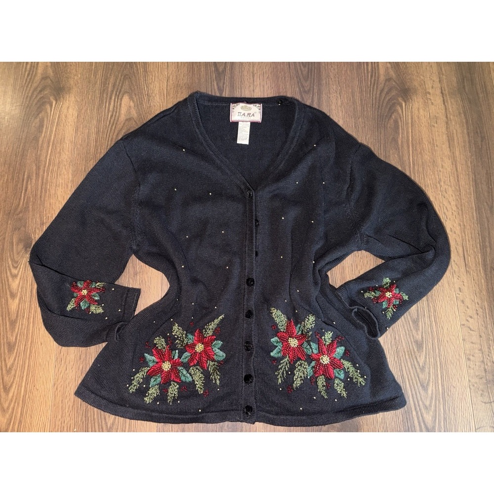 Vintage Christmas Tiara Women Beaded Poinsettia Sweater Size 18/20
